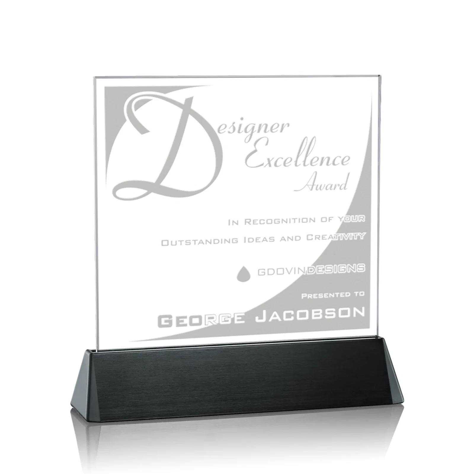Custom Starfire Crystal Square Award on a Black Aluminum Base, wood awards for donor appreciation