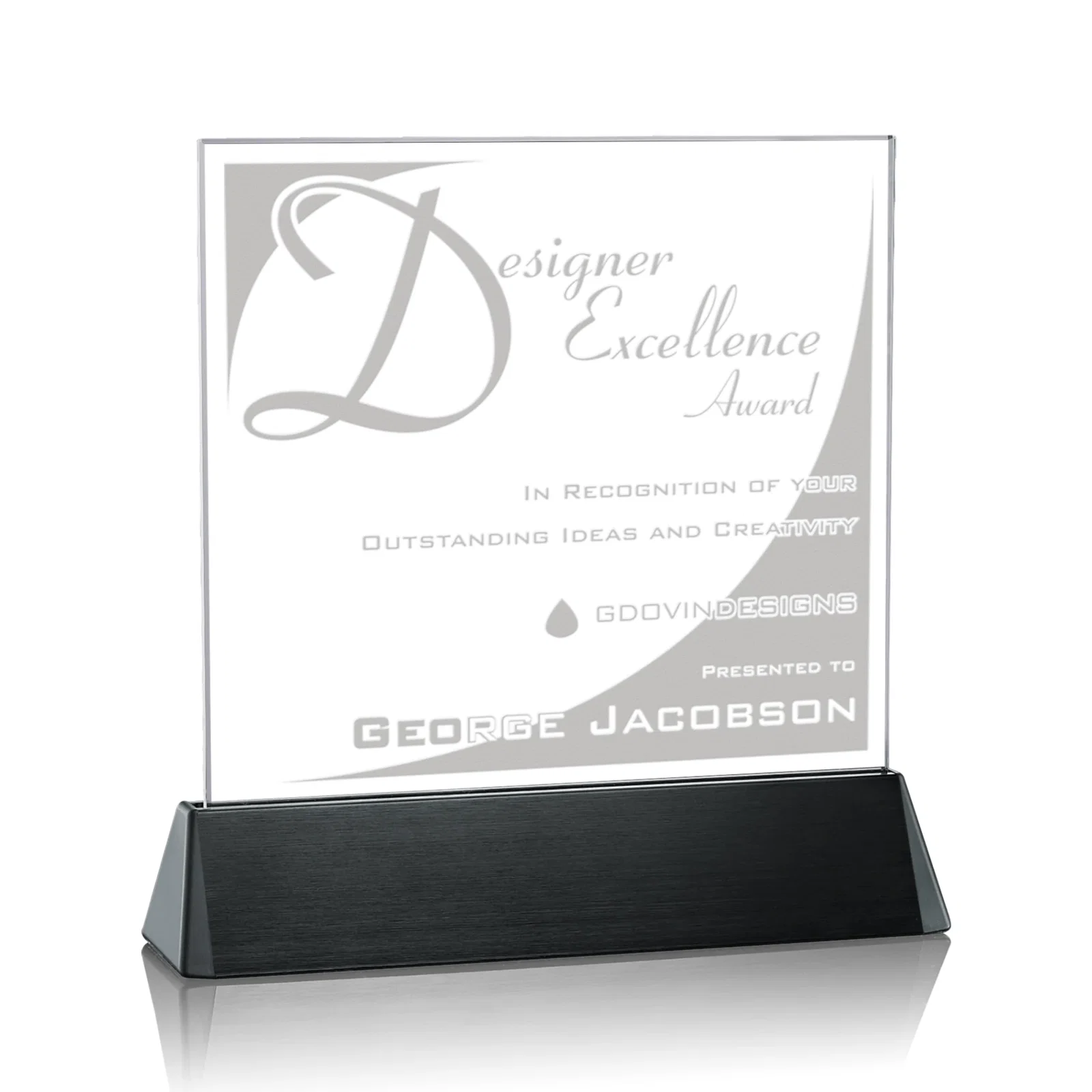 Custom Starfire Crystal Square Award on a Black Aluminum Base, wood awards for graduation ceremonies