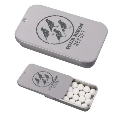Slider tin holding signature peppermints in a compact case