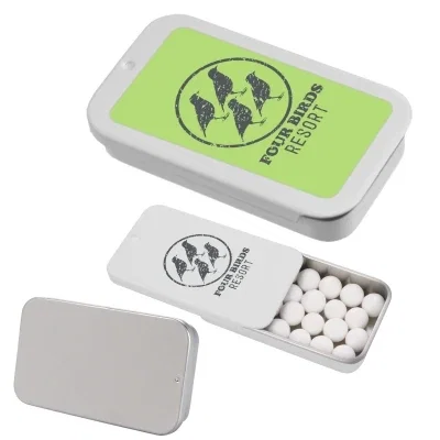 Silver metal container slides open to reveal the mints