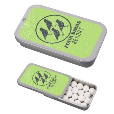 Peppermint candies packed inside a flat pocket tin