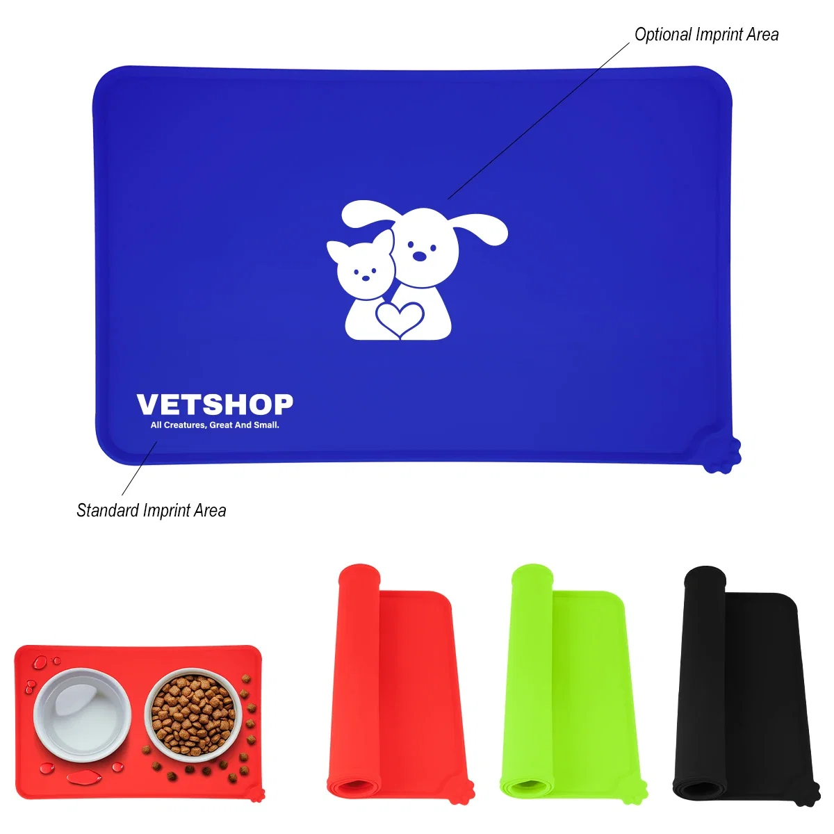 Silicone pet food mat measuring about sixteen inches wide