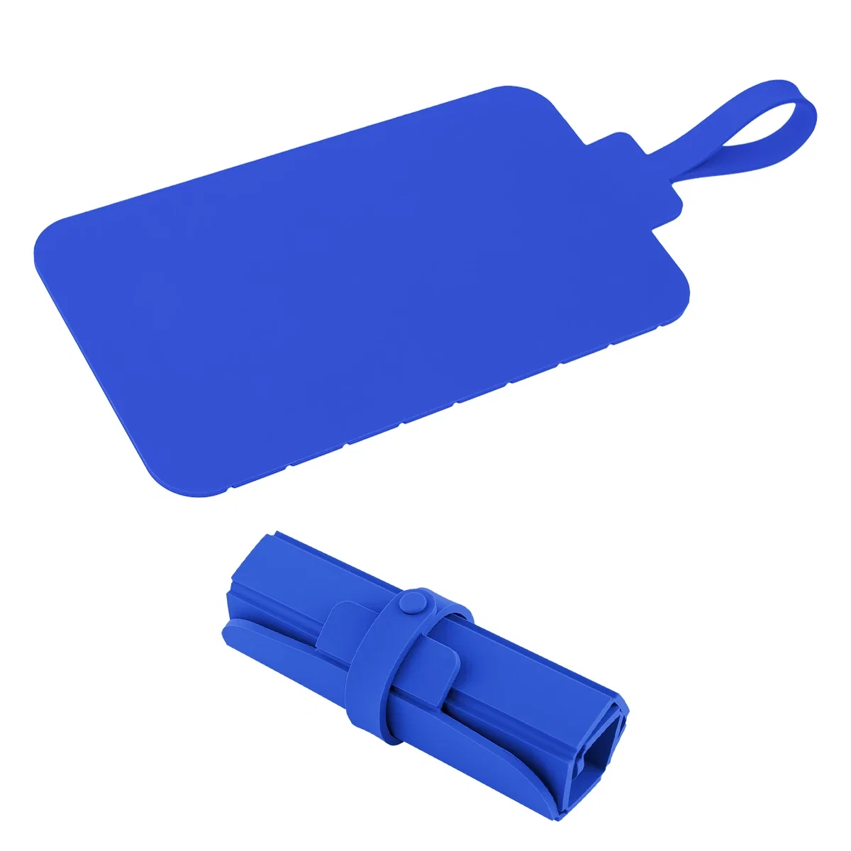 Blue board bent to funnel chopped food into a pan