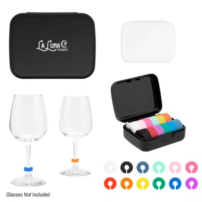 Silicone wine glass markers packed inside a recycled storage case