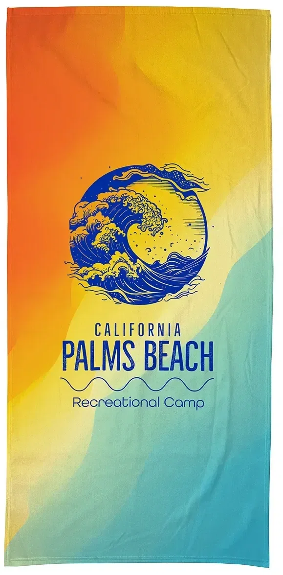 Promotional Silk Touch 300GSM velour beach towel spread out displaying its branded design