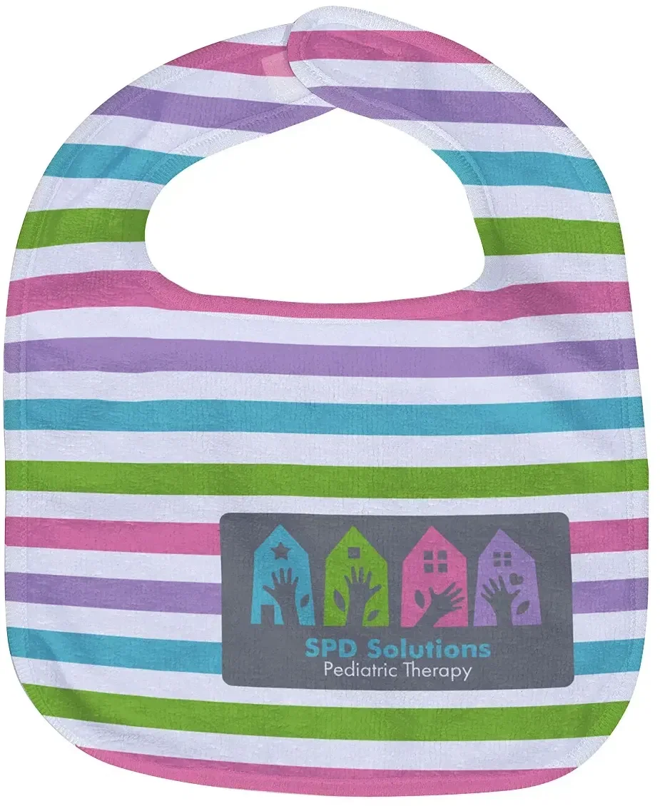 Custom Silk Touch velour baby bib with full-color logo, soft velour front view
