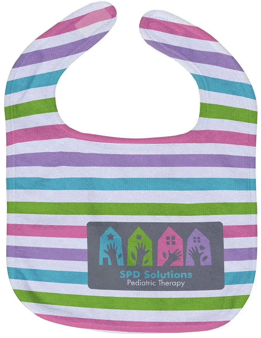 Branded Silk Touch velour baby bib, back view showing snap closure