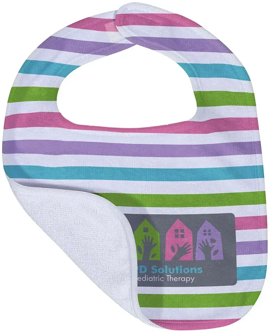 Promotional Silk Touch velour baby bib, close-up of dye-sublimated logo