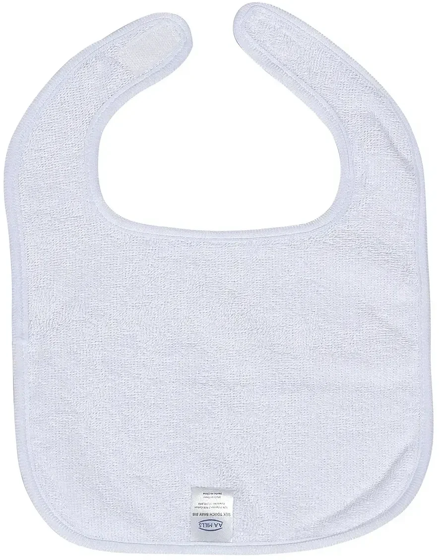 Custom velour baby bib flat lay, full-color branded print detail