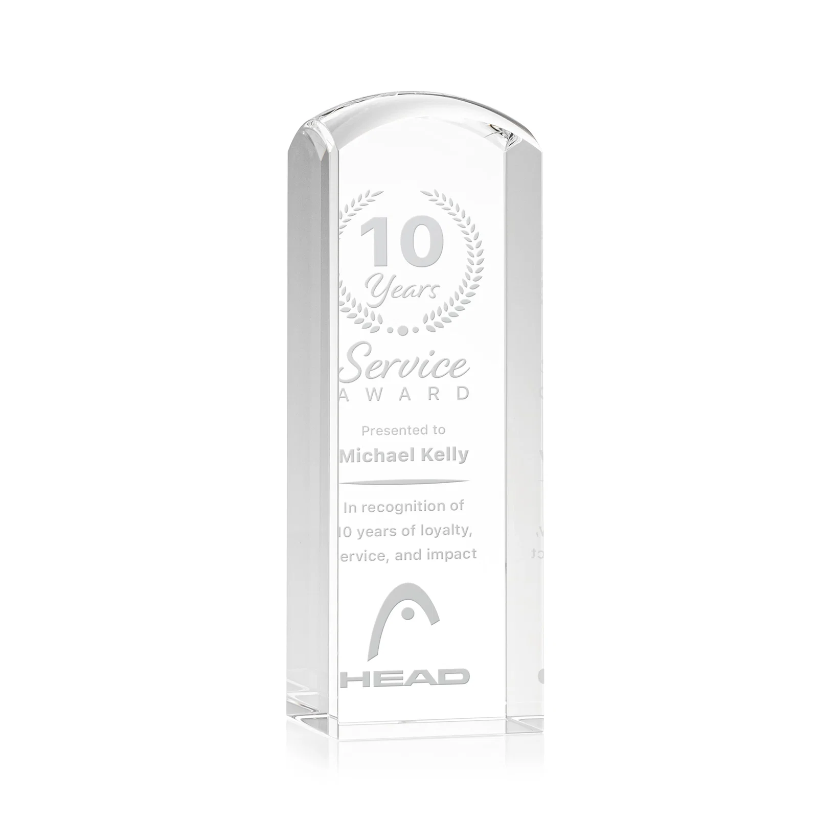 Custom Optical Crystal Award with a Smooth Rounded Top, awards for service anniversary gifts