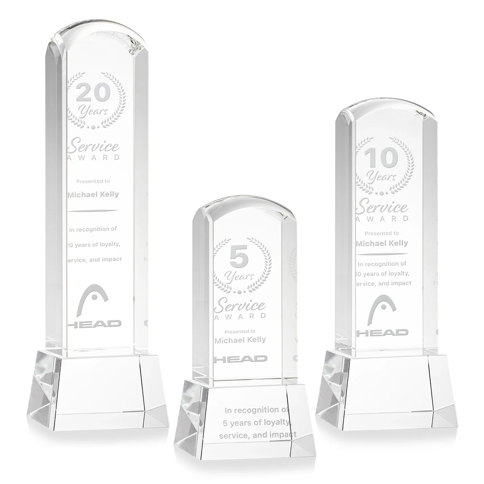 Custom Optical Crystal Tower Award With a Smoothly Curved Top, awards for employee recognition