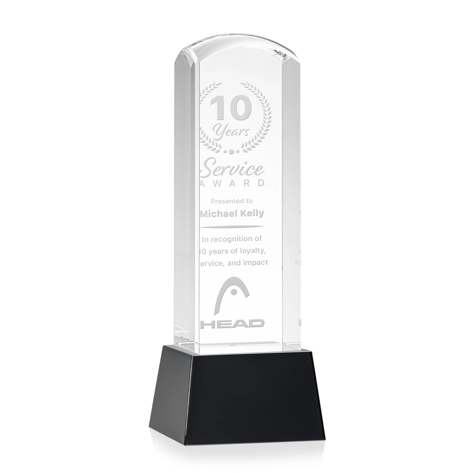 Custom Optical Crystal Tower Award With a Smoothly Curved Top, awards for company anniversary events