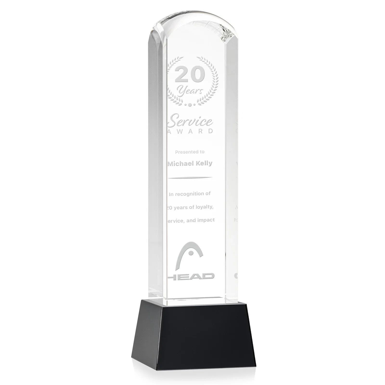 Personalized Optical Crystal Tower Award With a Smoothly Curved Top, awards for employee recognition