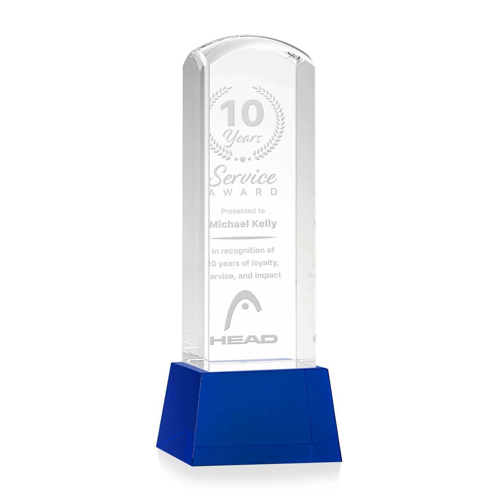 Personalized Optical Crystal Tower Award With a Smoothly Curved Top, awards for sales achievement awards