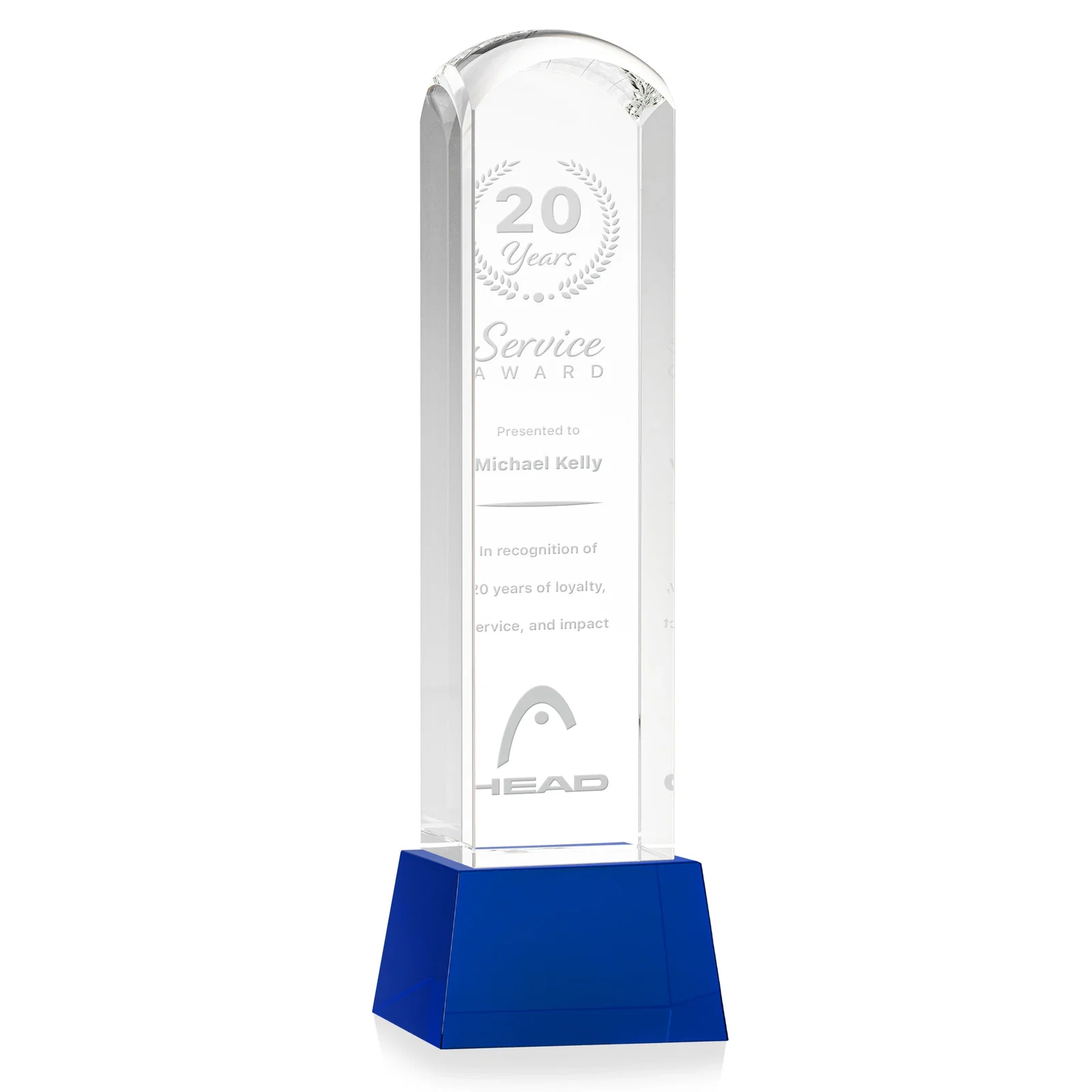Personalized Optical Crystal Tower Award With a Smoothly Curved Top, awards for retirement presentations