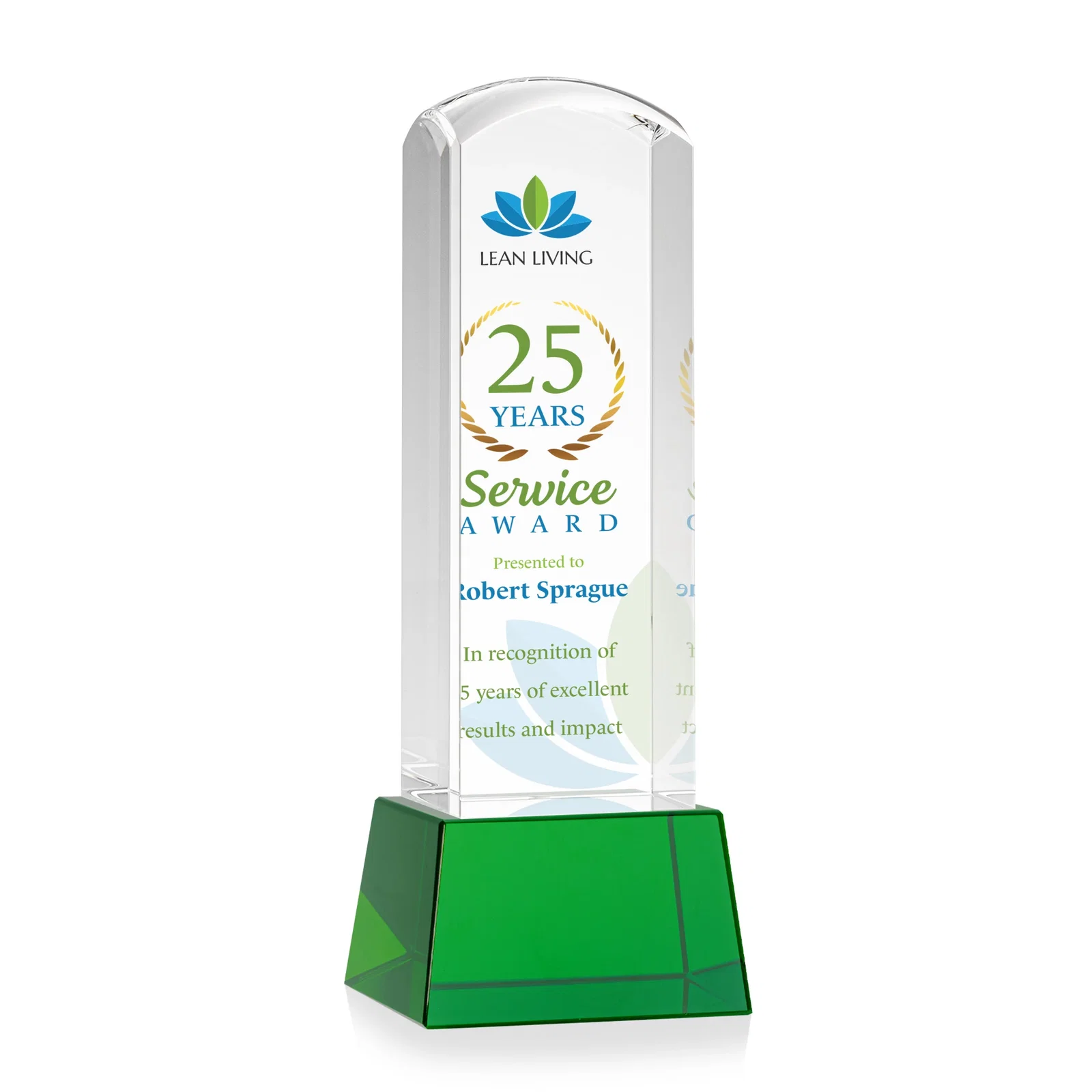 Personalized Optical Crystal Tower Award With a Smoothly Curved Top, awards for company anniversary events