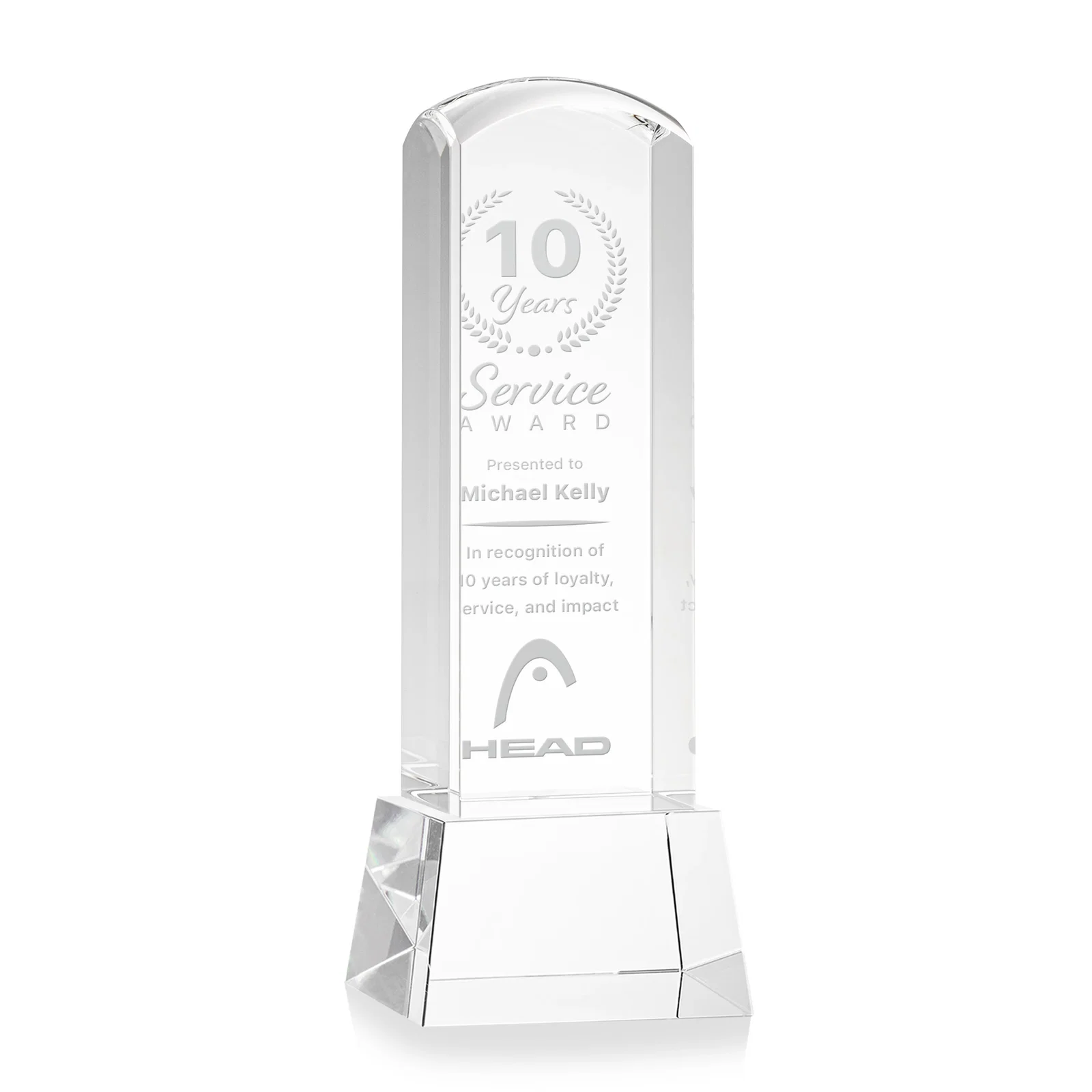 Custom Optical Crystal Tower Award With a Smoothly Curved Top, awards for service anniversary gifts
