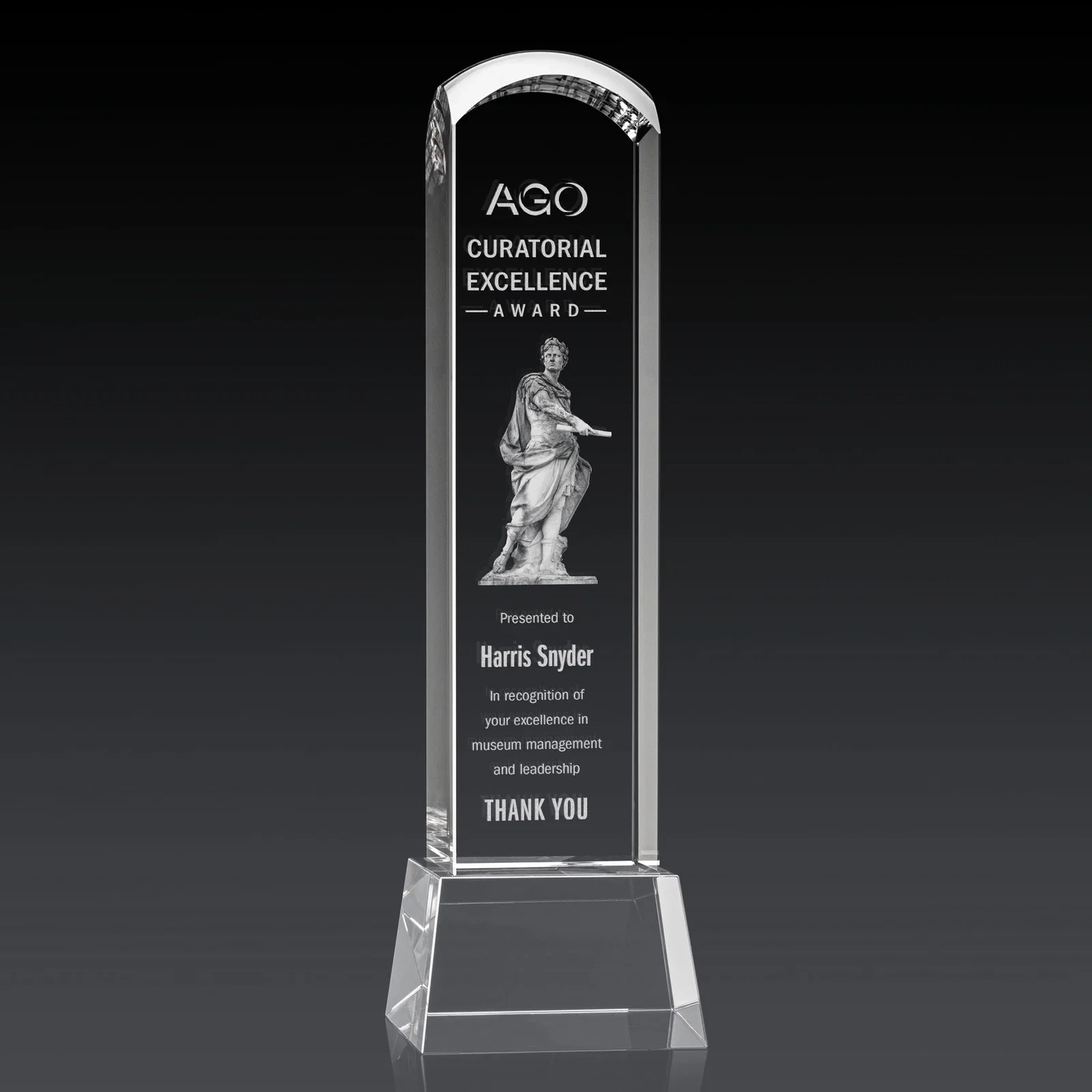 Branded Optical Crystal Tower Award With a Smoothly Curved Top, awards for retirement presentations