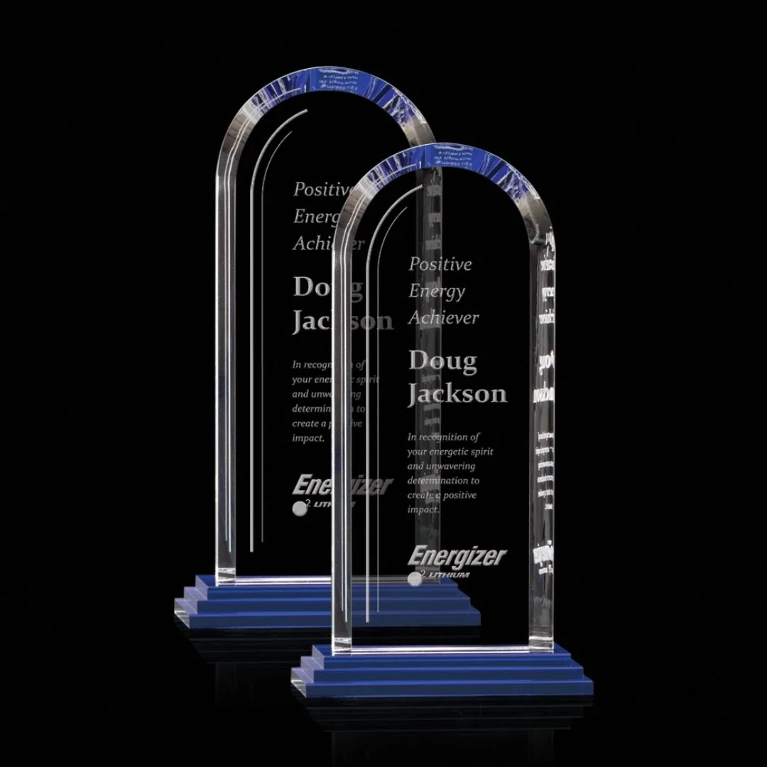 Custom Blue Starfire Crystal Arch Award, Compact Upright, awards for employee recognition