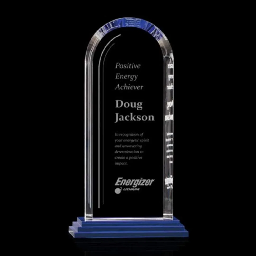 Custom Blue Starfire Crystal Arch Award, Compact Upright, awards for corporate award ceremonies