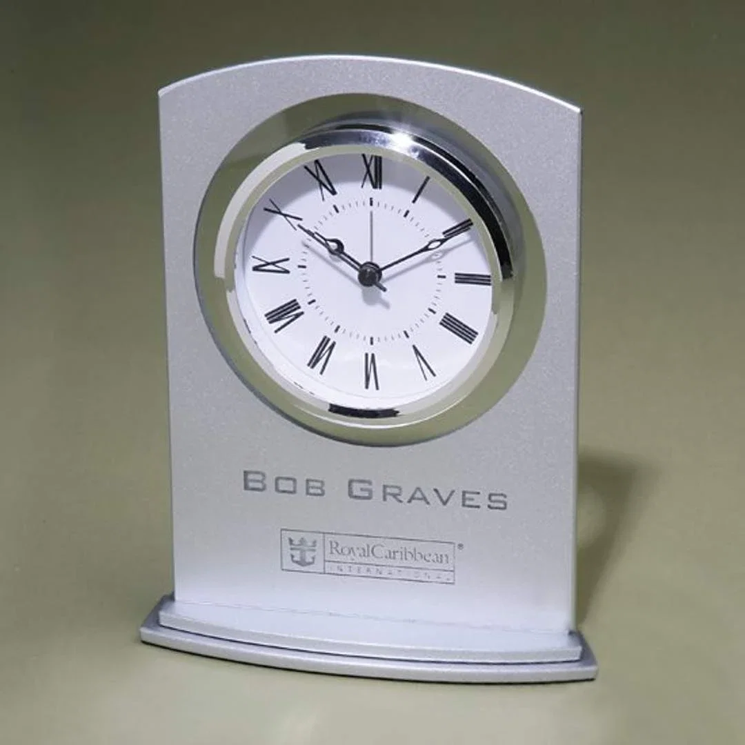 Custom Silvered Glass Arc Clock With Engrave-Through Imprint for employee recognition