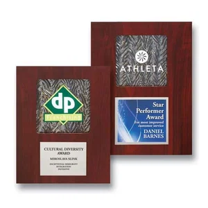 Silver Herringbone Art Glass Plaque With Aluminum Accent On Walnut