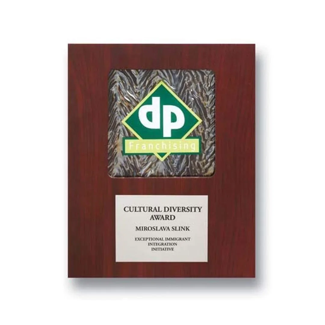 Custom Silver Herringbone Art Glass Plaque With Aluminum Accent On Walnut for corporate award ceremonies