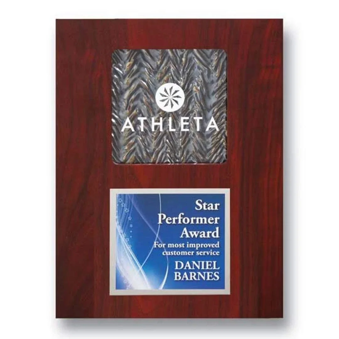 Custom Silver Herringbone Art Glass Plaque With Aluminum Accent On Walnut for service anniversary gifts