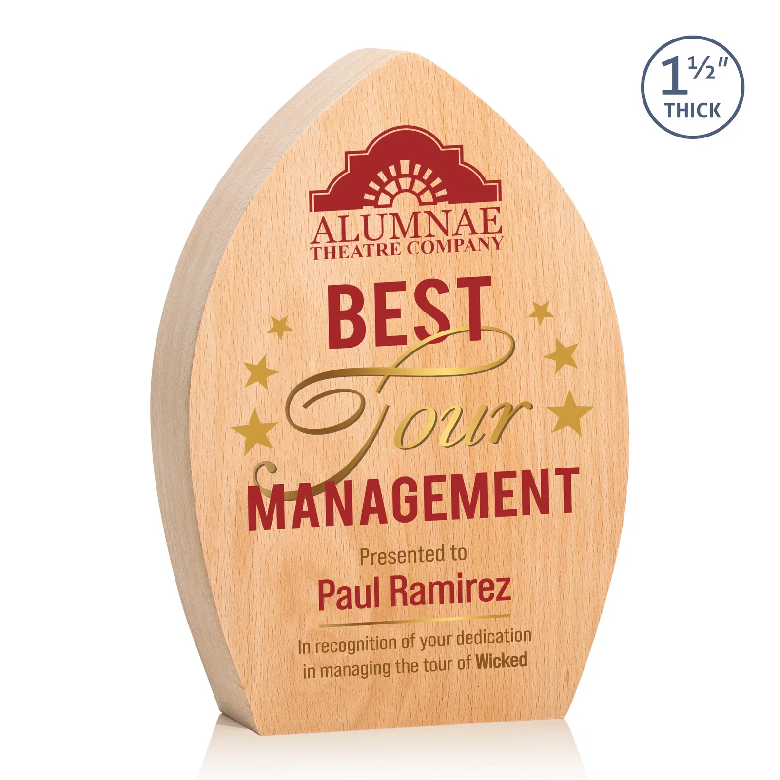 Personalized Round Beechwood Award with a Carved Pointed Top for employee recognition