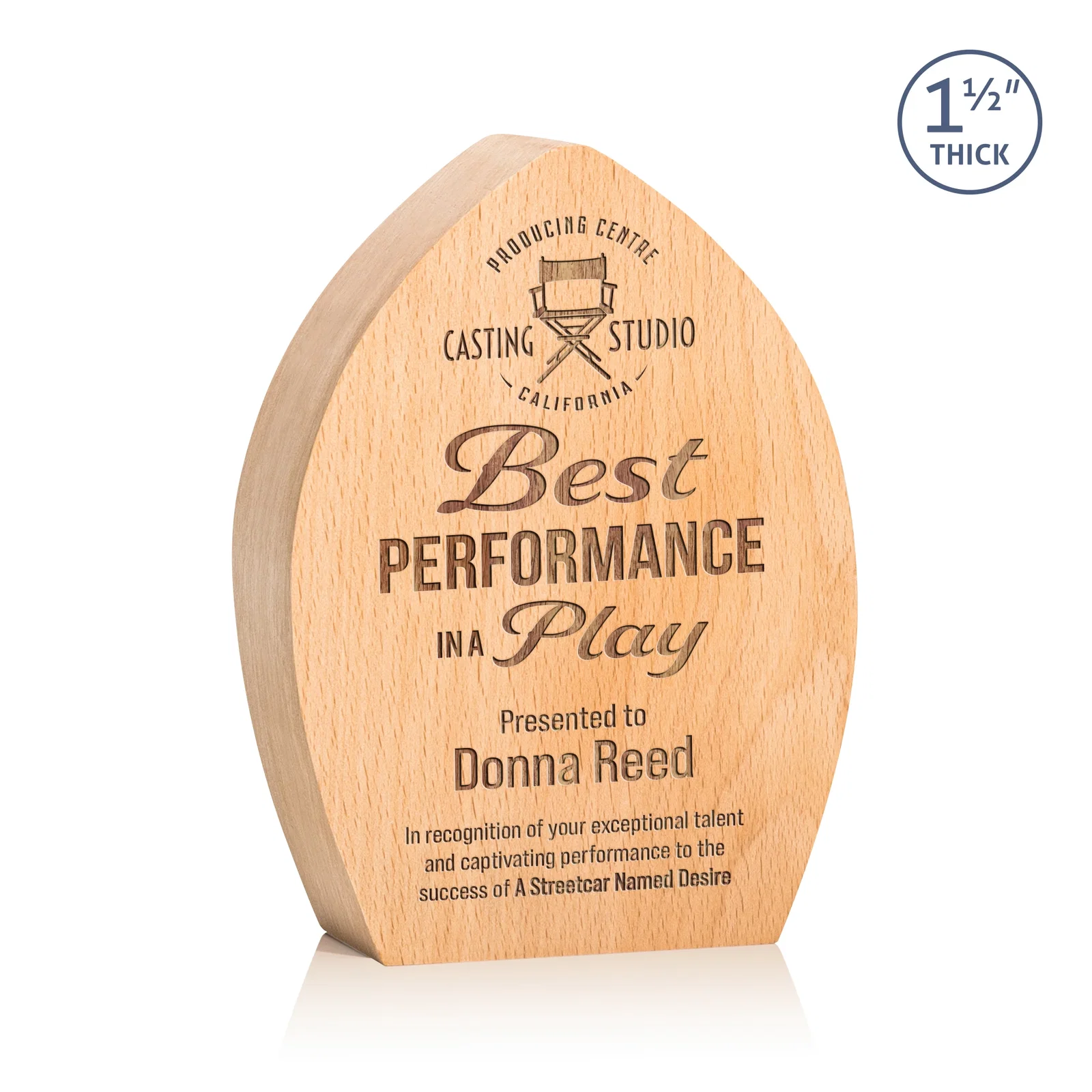 Custom Round Beechwood Award with a Carved Pointed Top for corporate award ceremonies