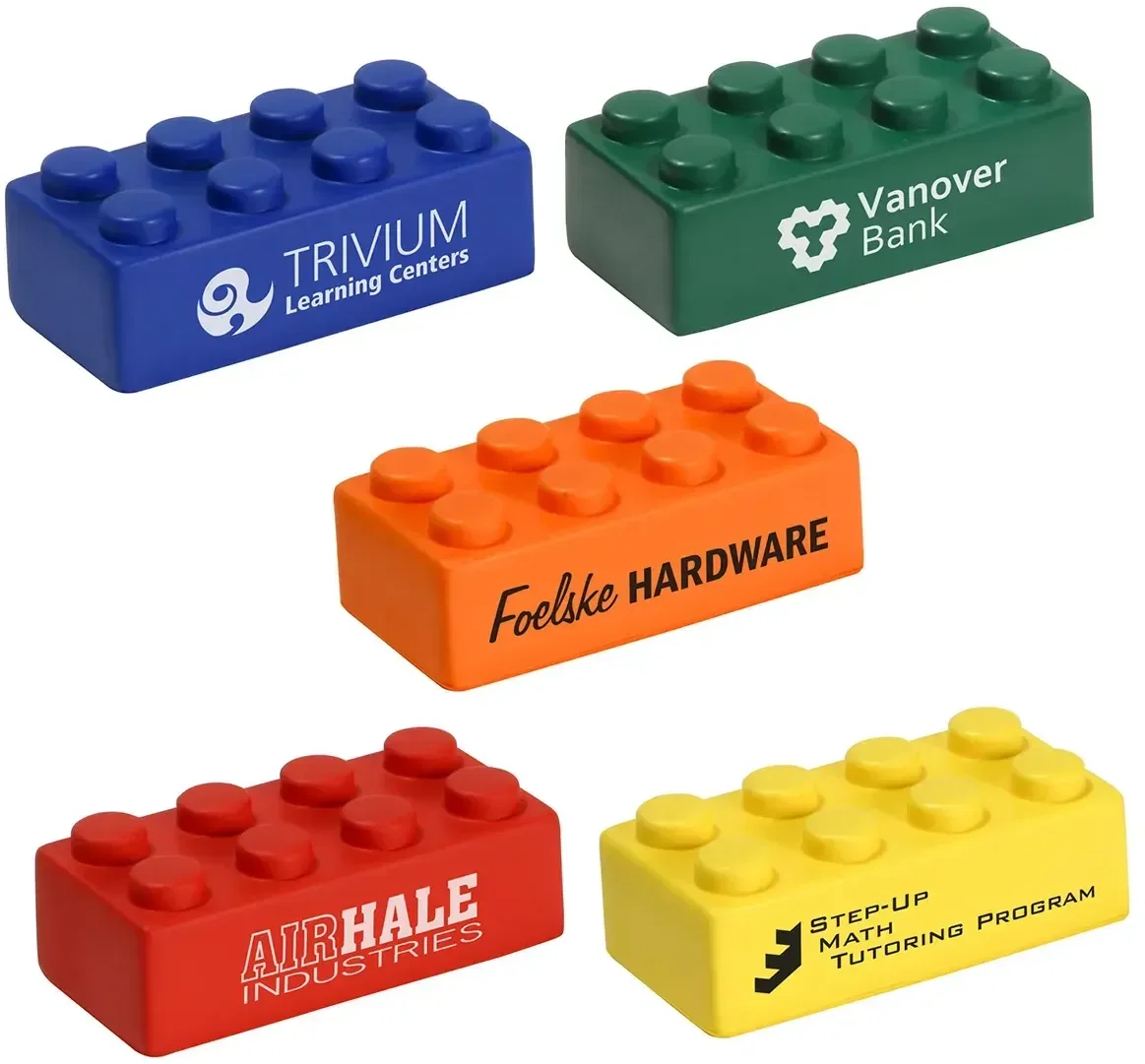 Single Building Block custom stress ball shaped like an interlocking brick, branded STEM promotional giveaway, front view
