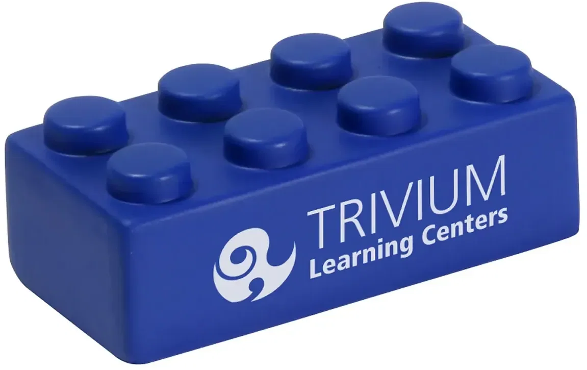 Angled view of the interlocking brick custom stress ball, branded STEM and construction promotional logo giveaway