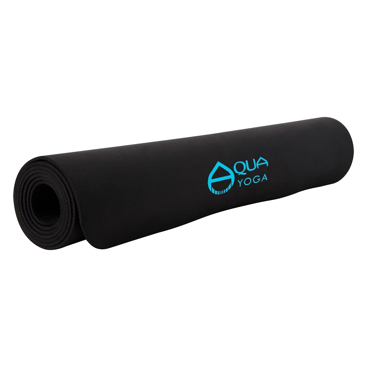Black yoga mat rolled out flat, measuring twenty four by sixty seven inches