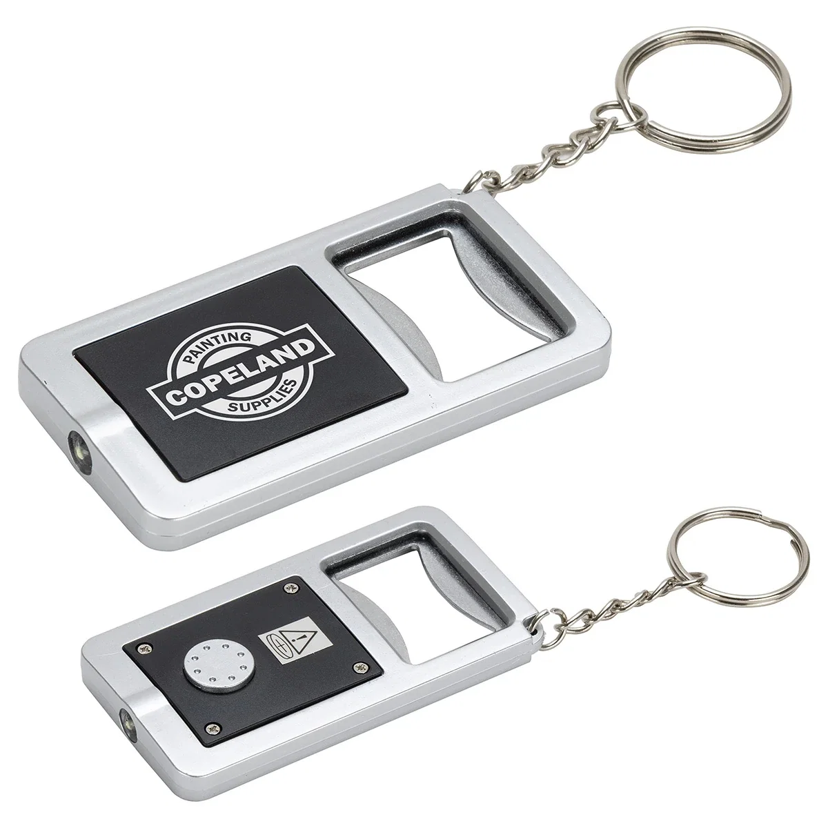 Custom branded single-LED bottle opener keychain, angled view of the promotional cap lifter with logo area