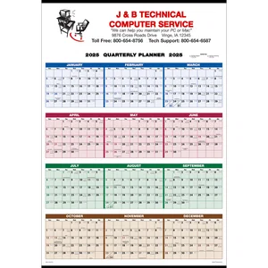 Single Sheet Wall Calendar - 4-Color Quarterly Full Year View: 2+ Colors 2025