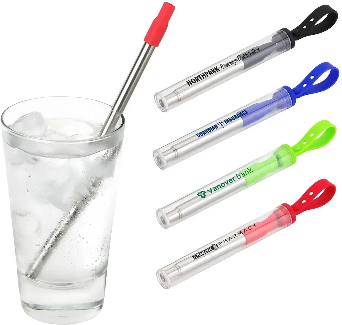 Custom branded Sip 'N Slide travel straw, front view of the promotional telescoping stainless straw with case
