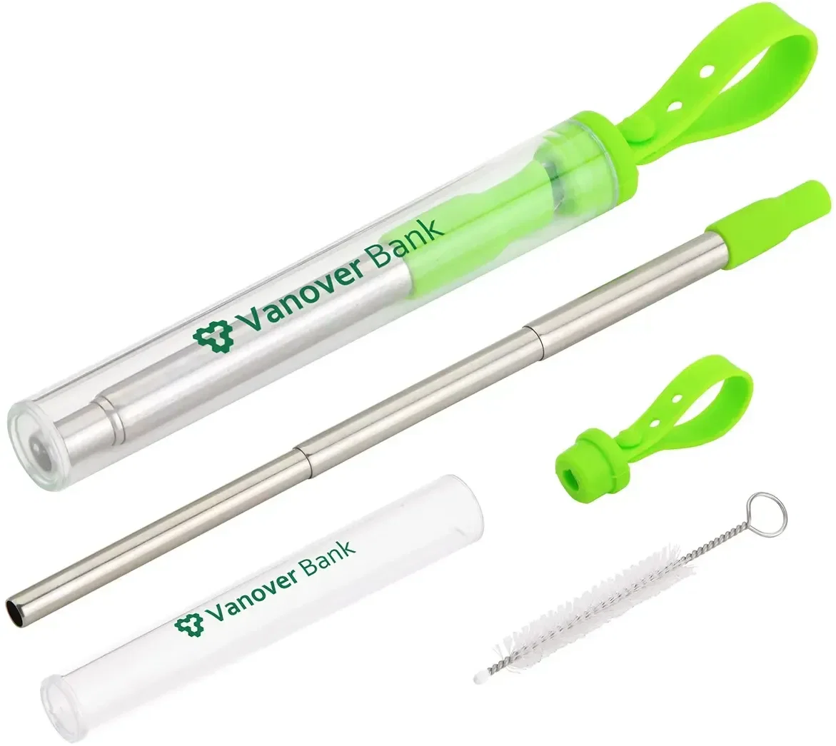 Branded Sip 'N Slide straw collapsed into its pocket case, custom promotional reusable travel straw
