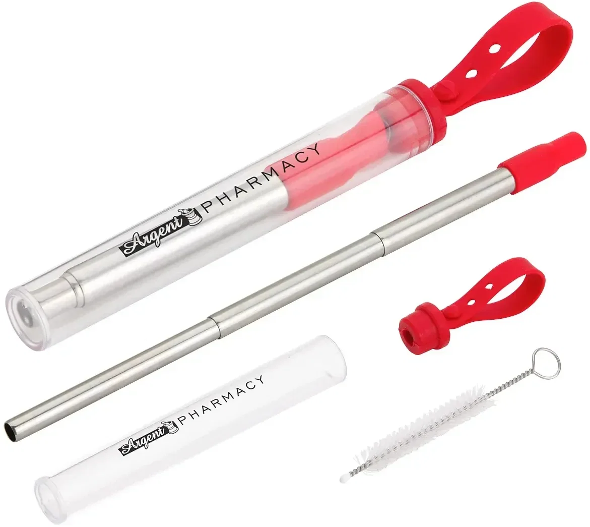 Branded Sip 'N Slide straw extended for a cup, custom promotional telescoping stainless steel straw