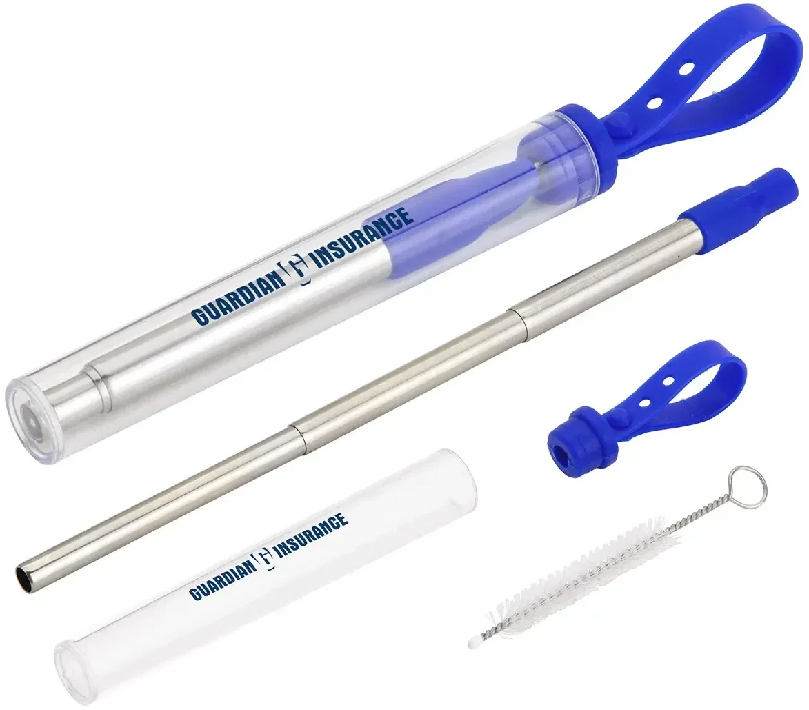 Close-up of the promotional Sip 'N Slide travel straw case, custom branded reusable straw detail