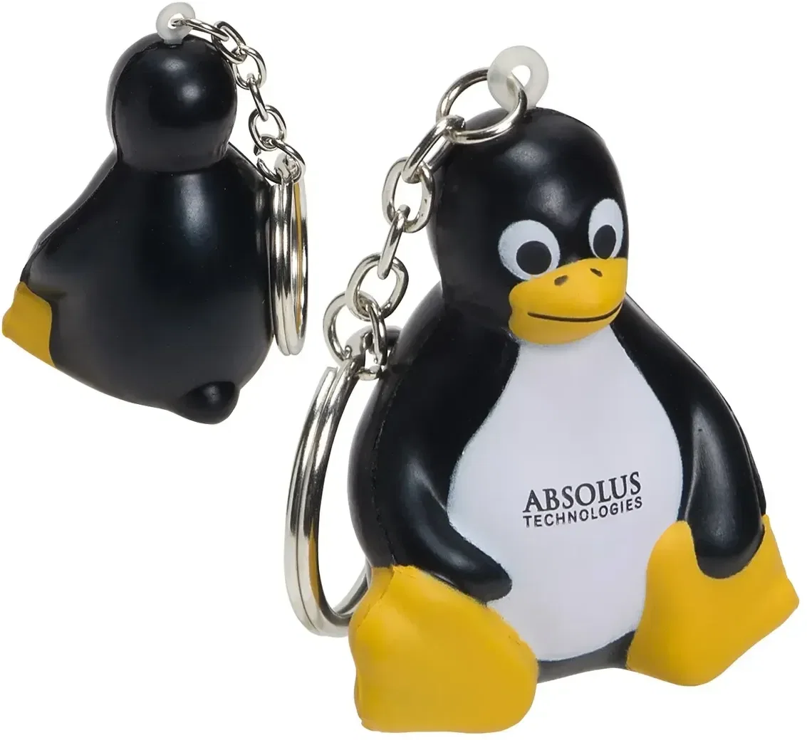 Seated penguin stress reliever keychain with custom logo, branded squeeze toy clipped to keys