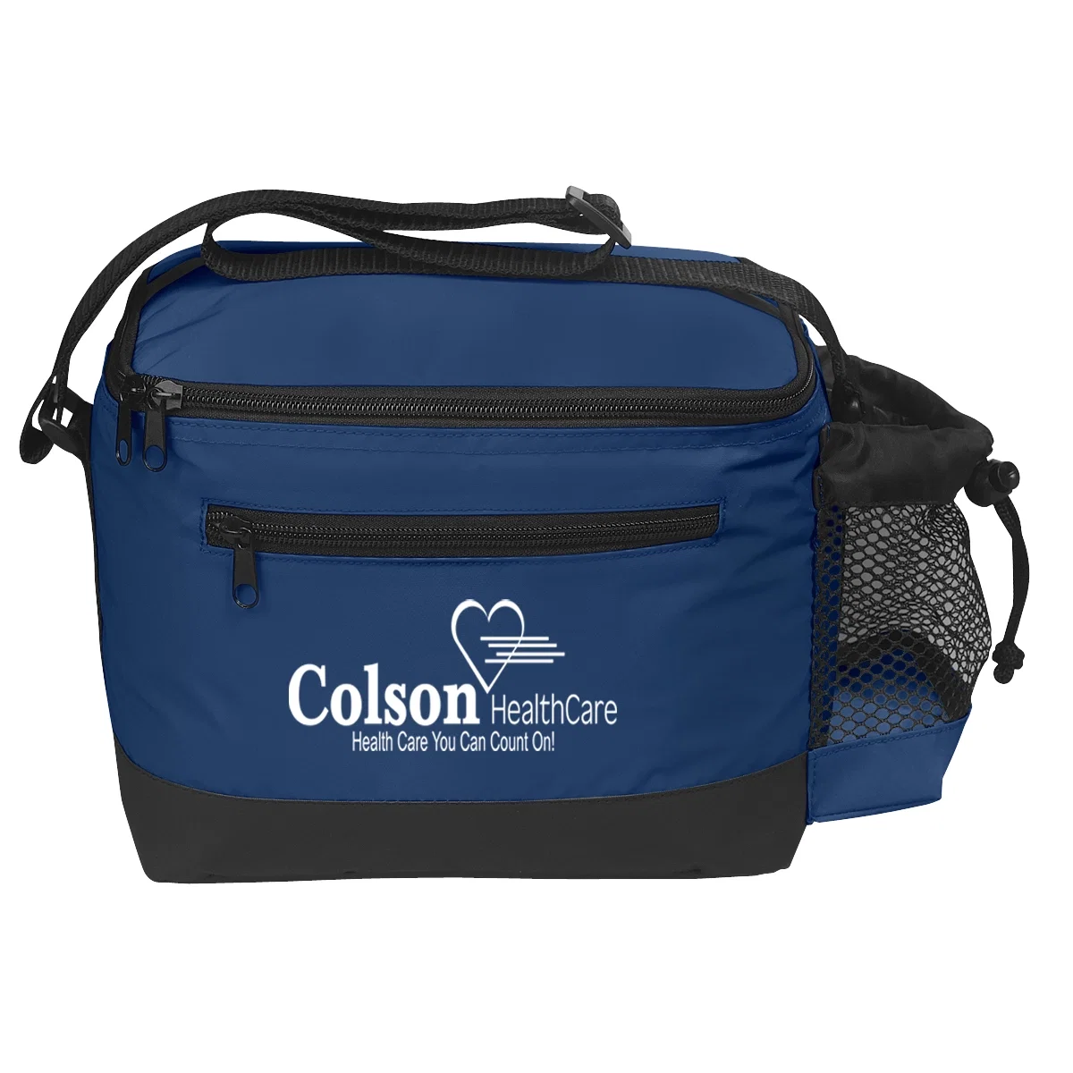Six-can cooler bag standing upright with its carry handle