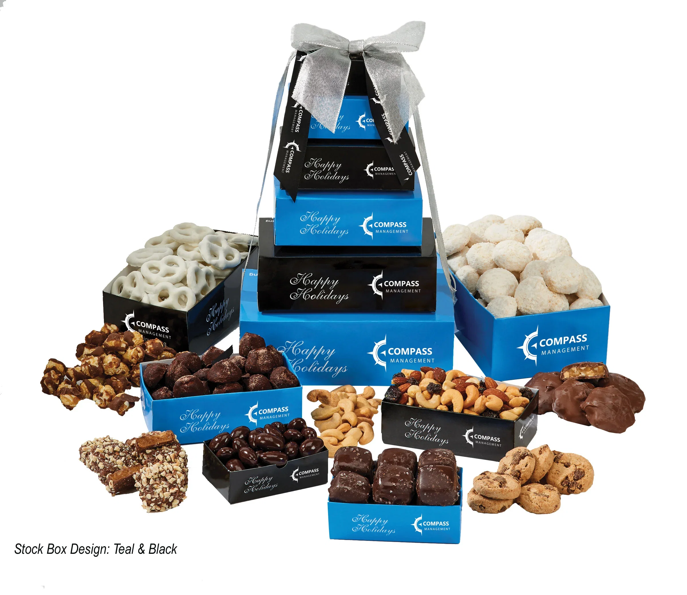 Six tier holiday treat tower stacked in decorative gift boxes