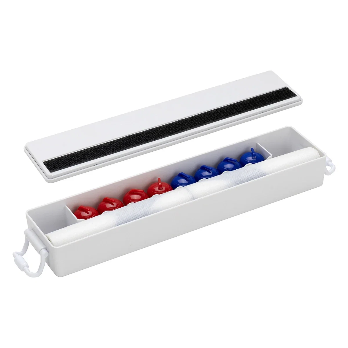 Skip Tabletop Curling Game's storage case opened, showing the rolled-up mat and red and blue pucks stored inside