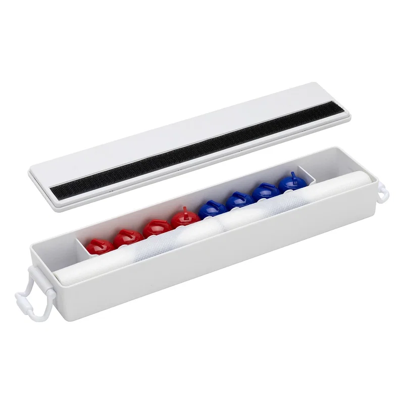 Skip Tabletop Curling Game's storage case opened, showing the rolled-up mat and red and blue pucks stored inside