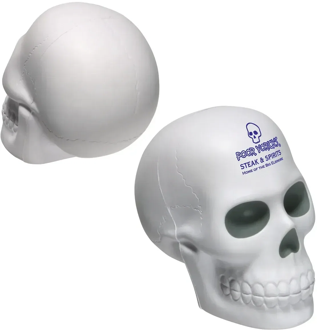 Human skull custom stress reliever, branded promotional squeeze toy for logo giveaways