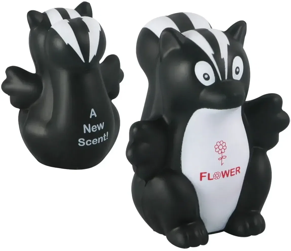 Custom Skunk Stress Reliever, promotional foam squeeze toy shaped like a skunk for branded logo handouts