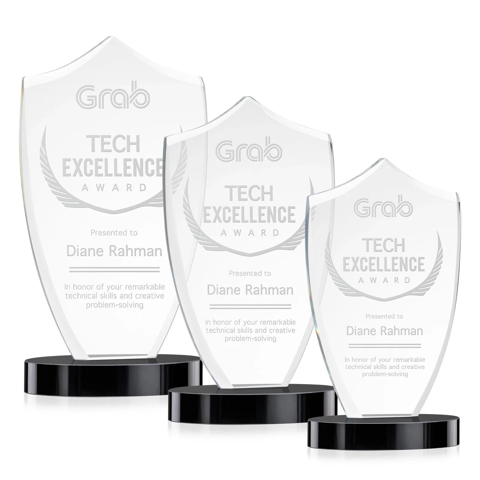 Custom Starfire Crystal Shield Award With Deep Etch and VividPrint, awards for employee recognition