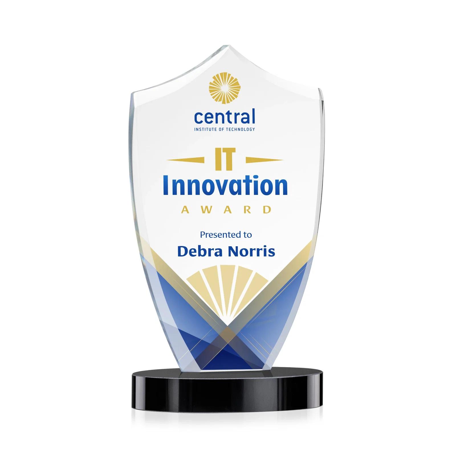 Custom Starfire Crystal Shield Award With Deep Etch and VividPrint, awards for company anniversary events