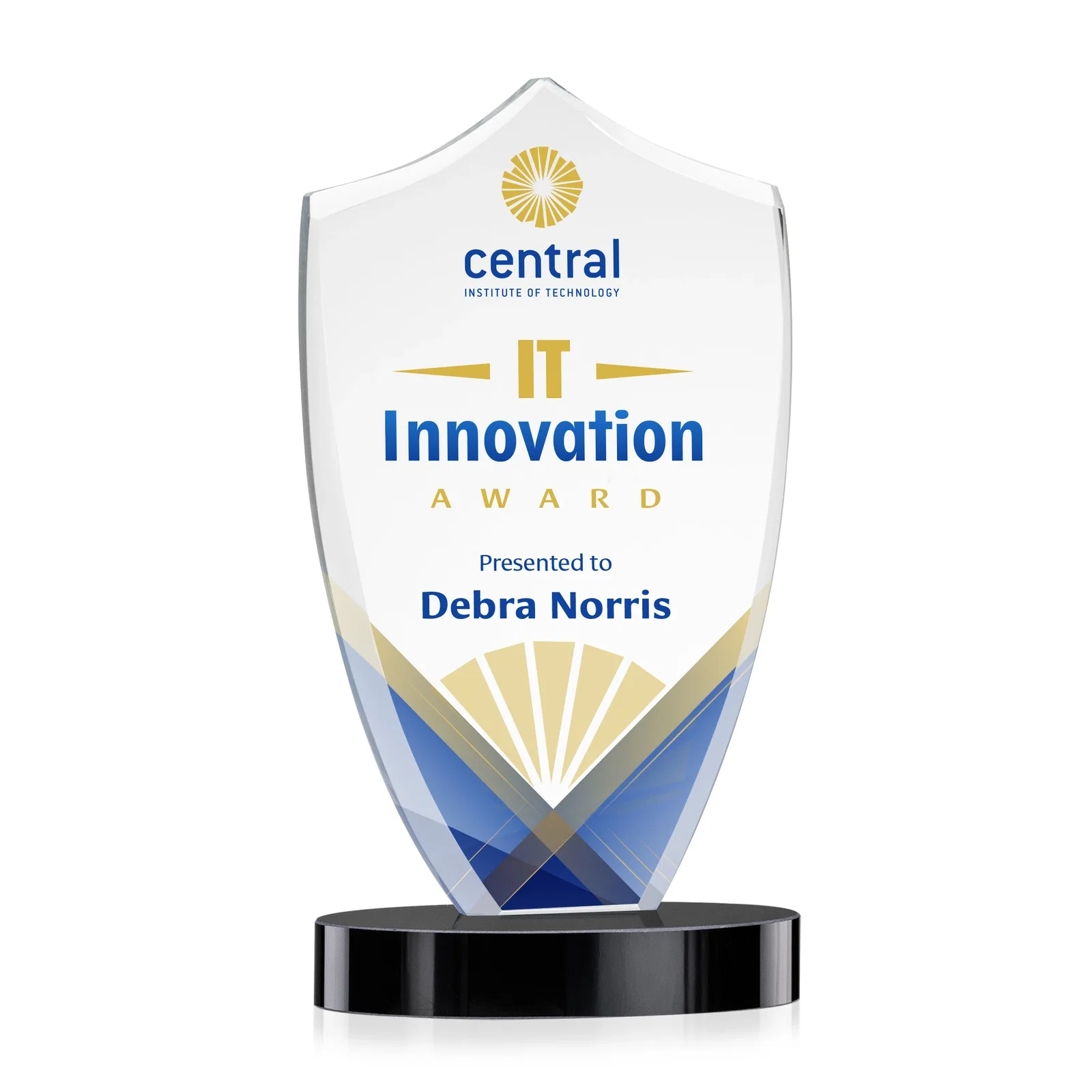 Personalized Starfire Crystal Shield Award With Deep Etch and VividPrint, awards for employee recognition