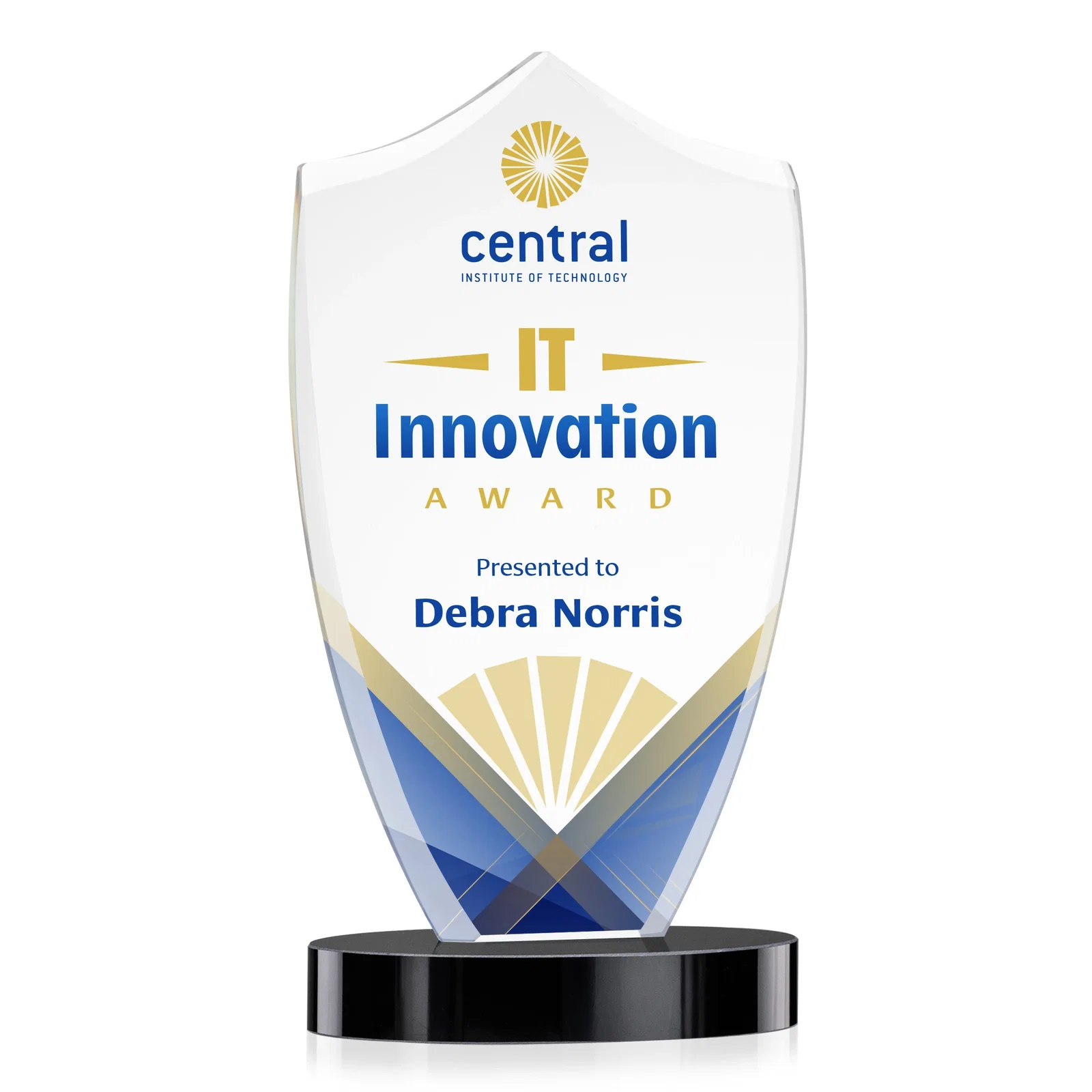 Personalized Starfire Crystal Shield Award With Deep Etch and VividPrint, awards for corporate award ceremonies